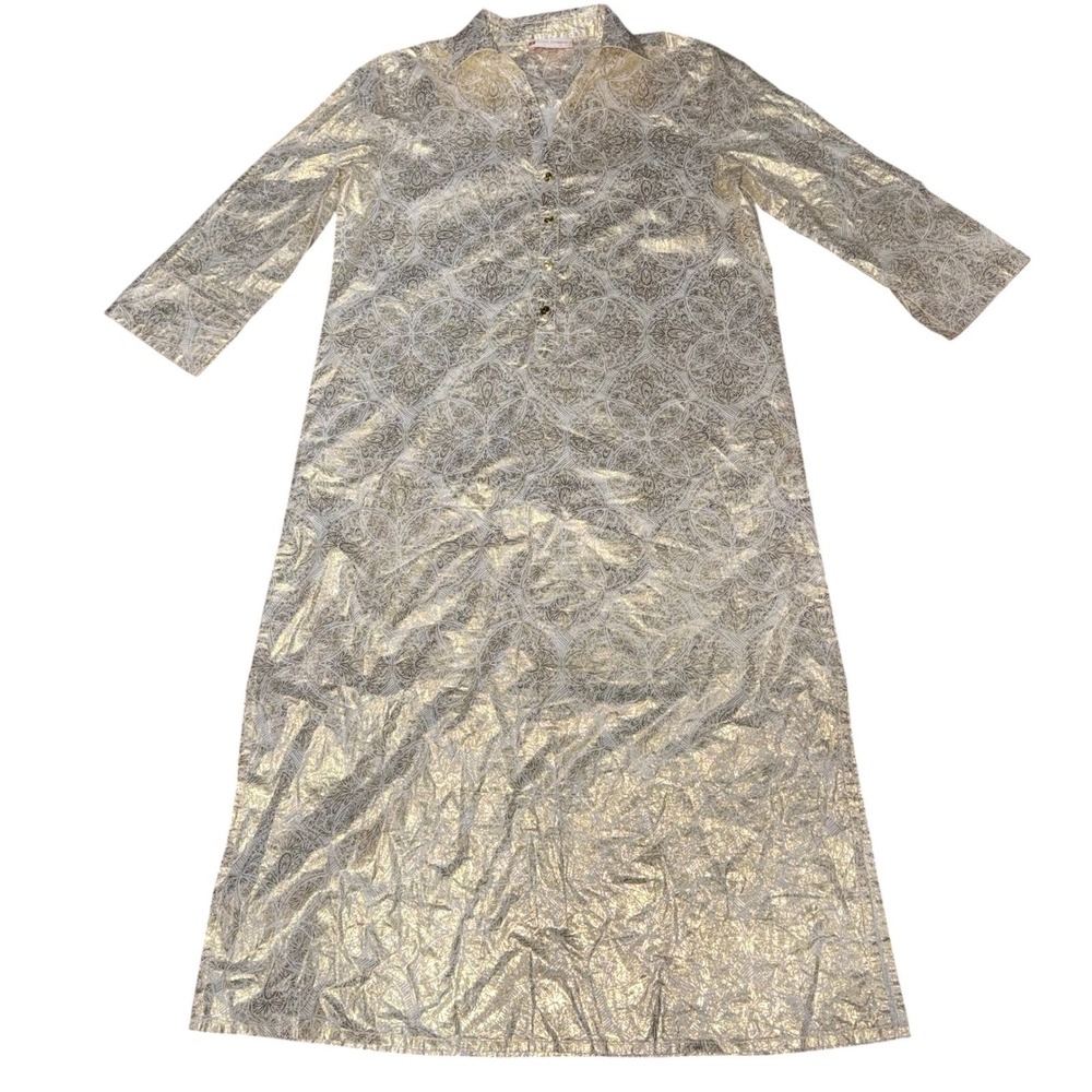Jude Connally Kallan Dress‎ XS Gold Foil Print Cotton Midi Shirt Dress Relaxed